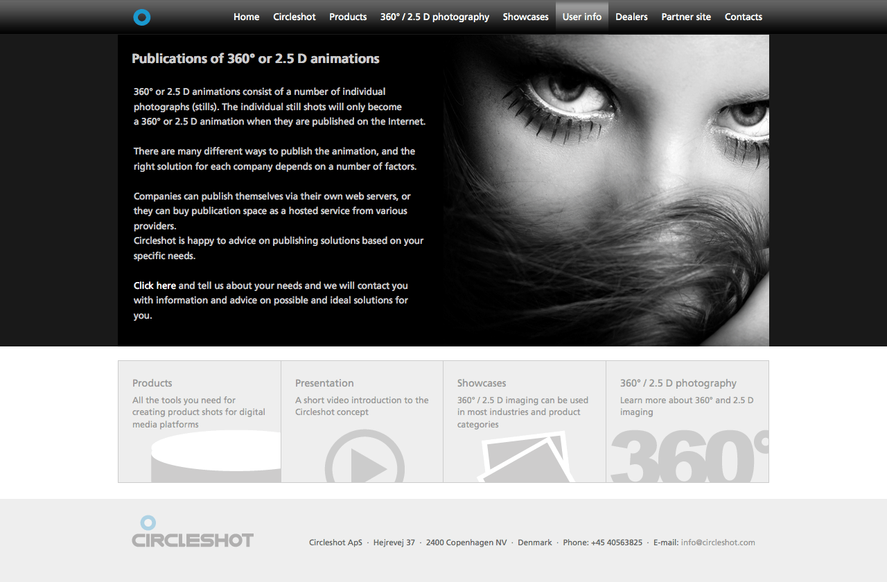 UI design og responsive layout for 360°-fotografi markedsføringswebsite med navigationsmenu og produktinformation