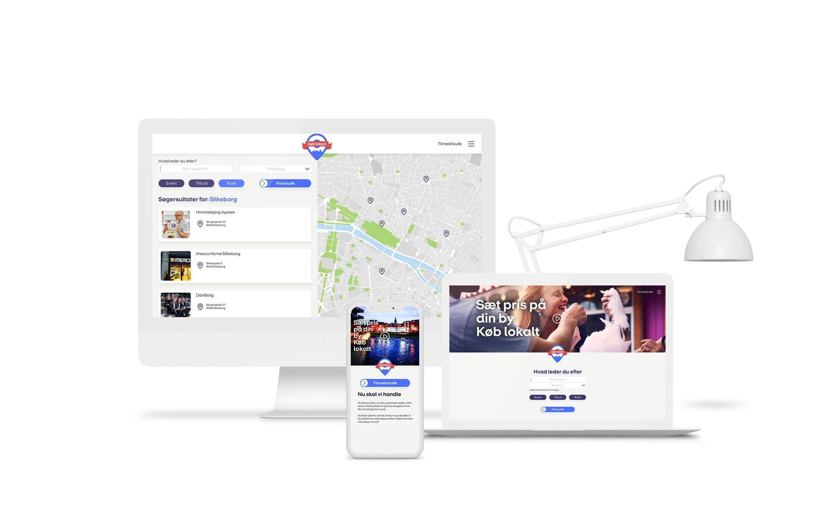 UX-design af køb lokalt-portal med interaktivt kort, butikker og tilbud i Silkeborg