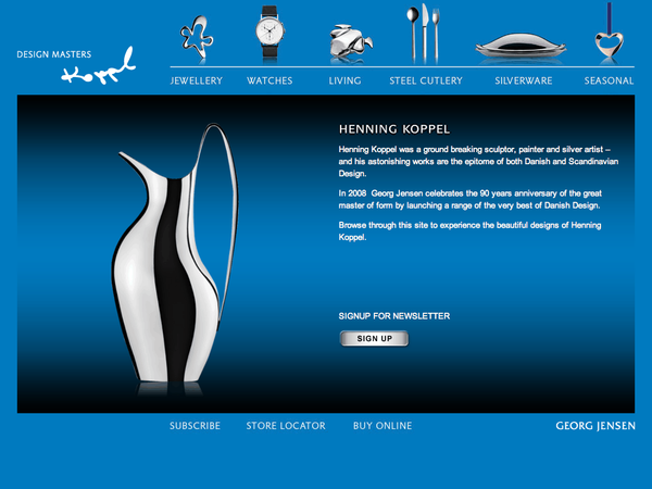 Georg Jensen 'Design Masters Koppel' website med Henning Koppels ikoniske sølvkande på blå baggrund — webdesign og digital platform for dansk smykke- og sølvdesign
