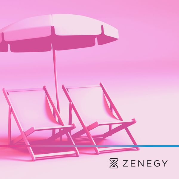 Summer vacation social media ad featuring beach umbrella and deck chairs in monochrome pink aesthetic