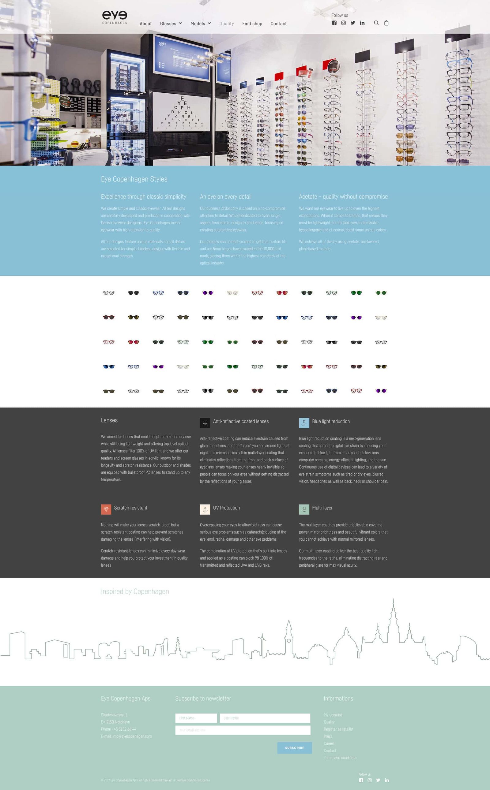 E-commerce UI design showcasing product quality and eyewear categories in responsive grid layout