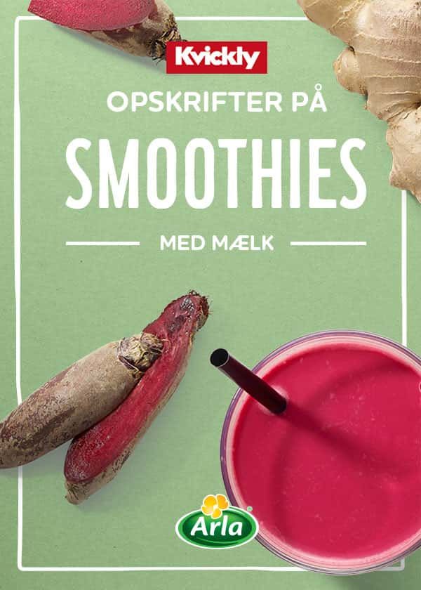 Brochure design med opskrift på smoothie med mælk, viser ginger og rødbede samt færdig drik