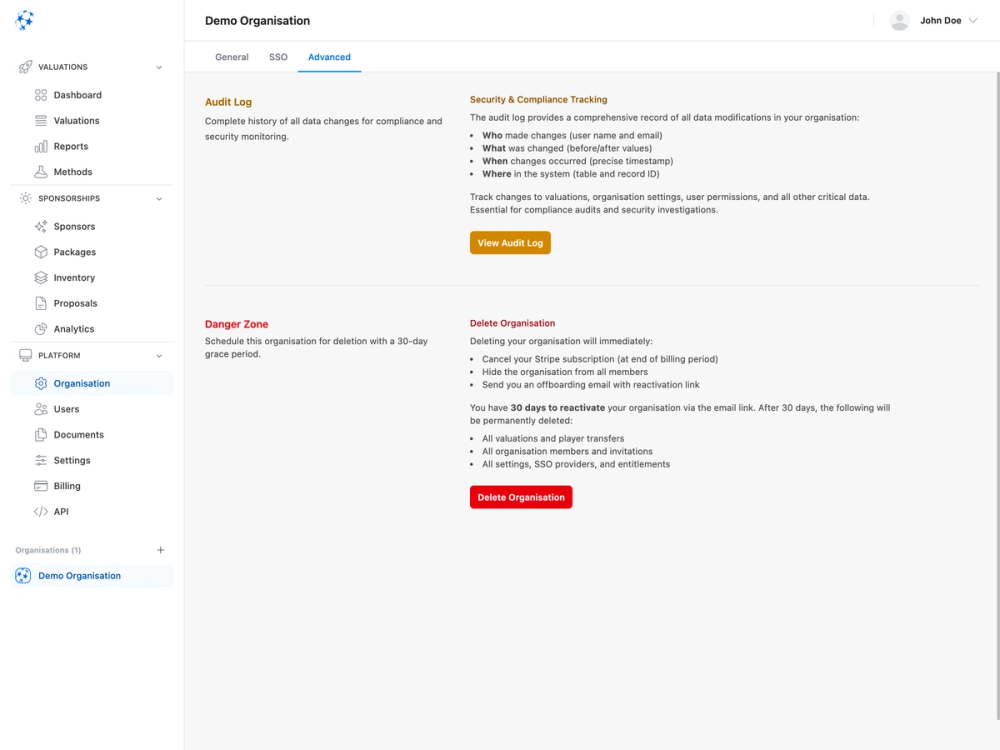 Settings interface for data-driven SaaS showing audit logging, security compliance tracking, and account management options