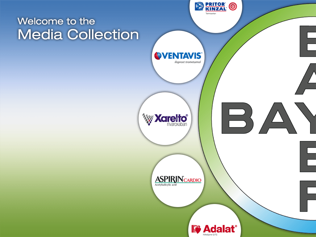 Welcome screen for iPad software displaying pharmaceutical product brands in exhibition stand management interface