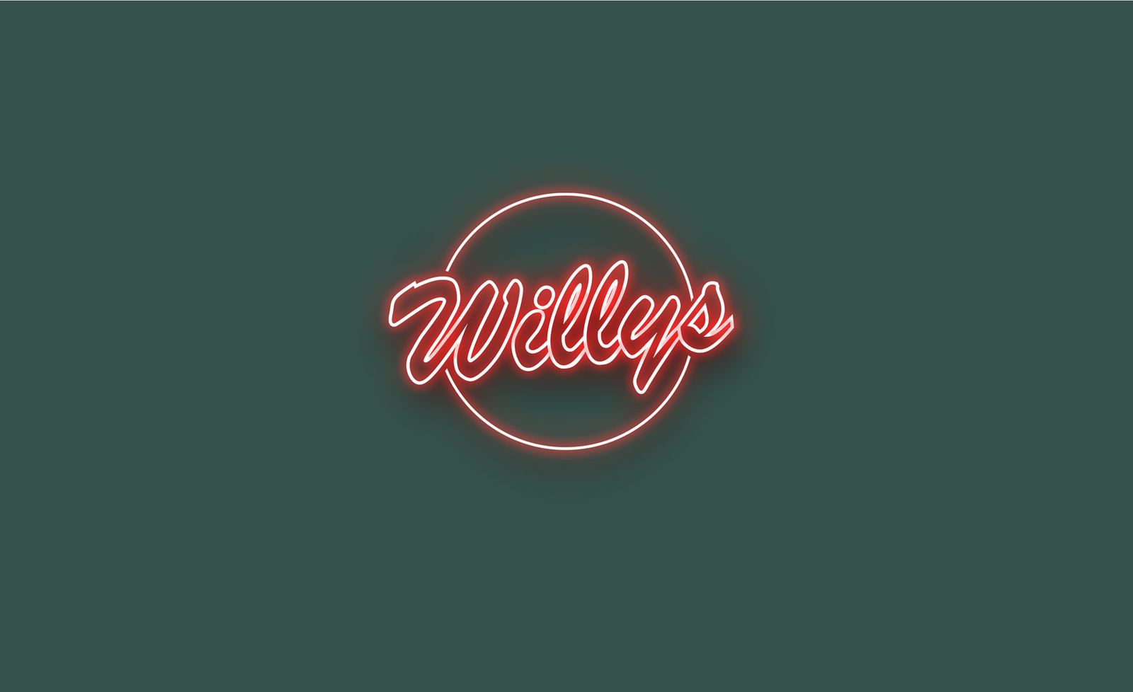 Neon-logo design med scriptskrift i rødt lys på mørk baggrund til Willys Bistro - klassisk amerikansk diner-identitet