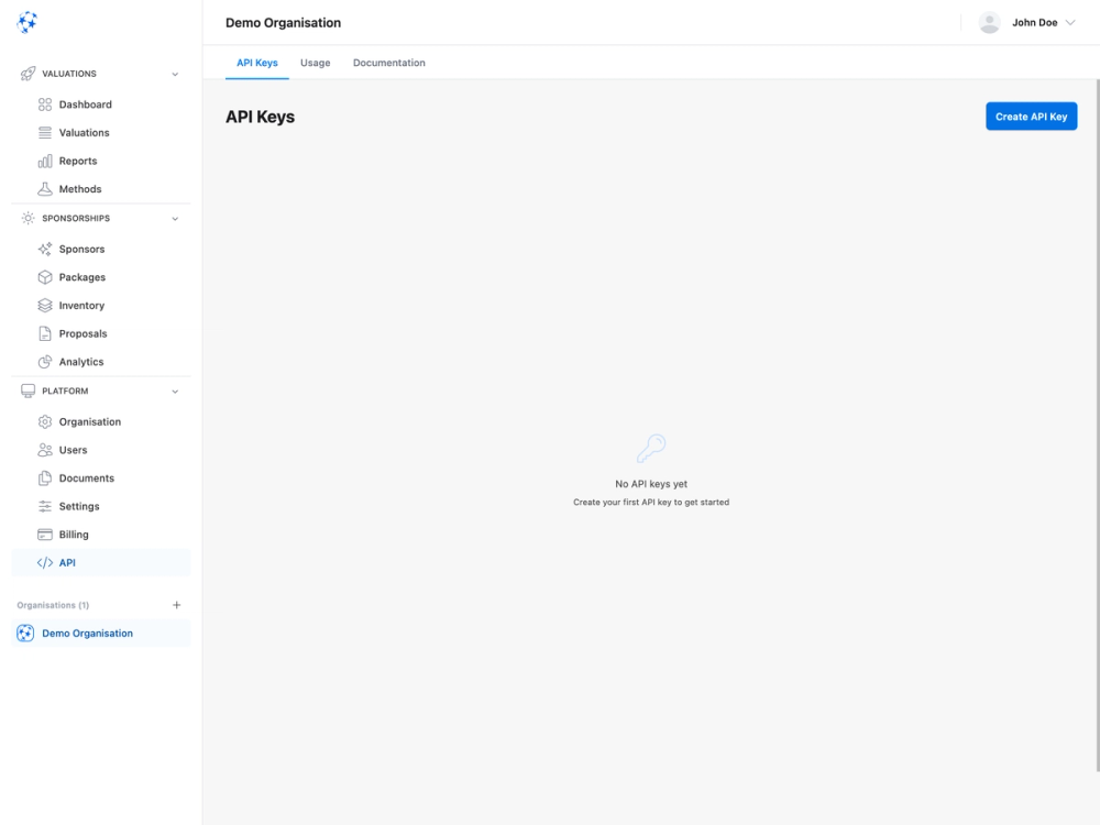 API keys — light mode