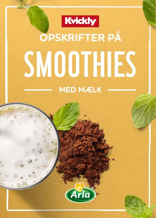 Brochure design til smoothie-opskrifter med Arla Mælk, inspirerende layout med kakao og mintblade på gul baggrund