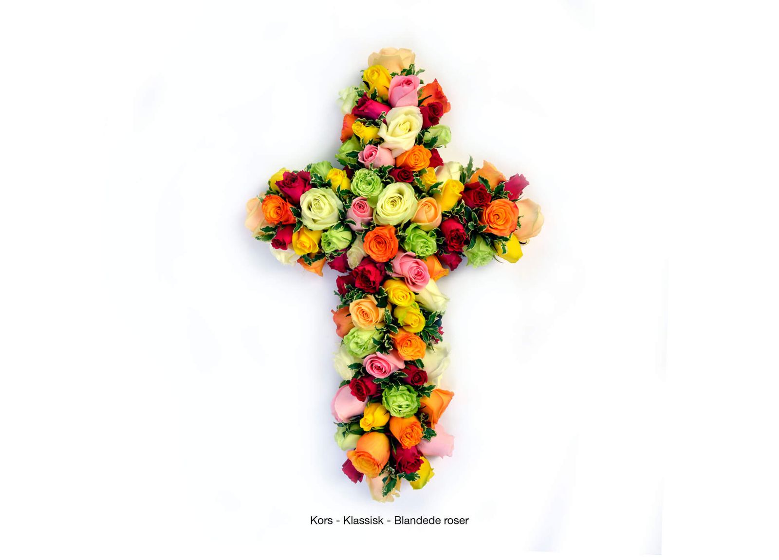 Funeral catalogue cross arrangement featuring multicolored roses in yellow, pink, red and orange