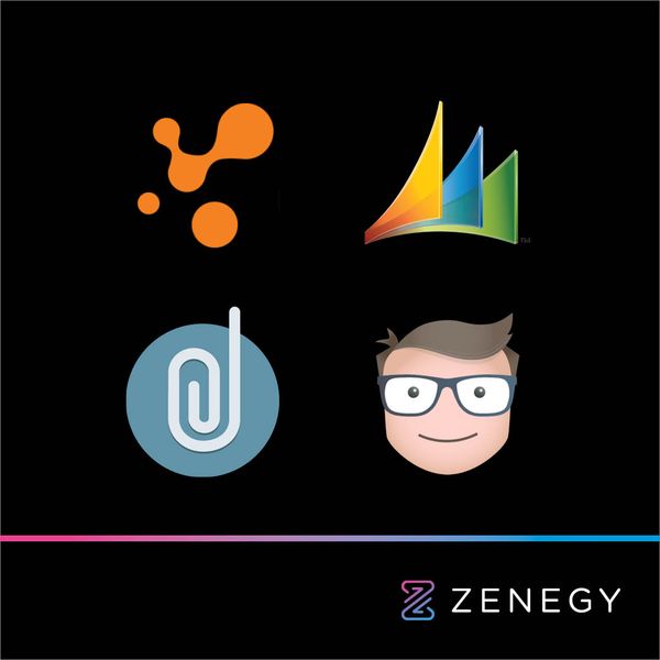 Advertising carousel showcasing Zenegy logo designs and character illustrations for fintech branding