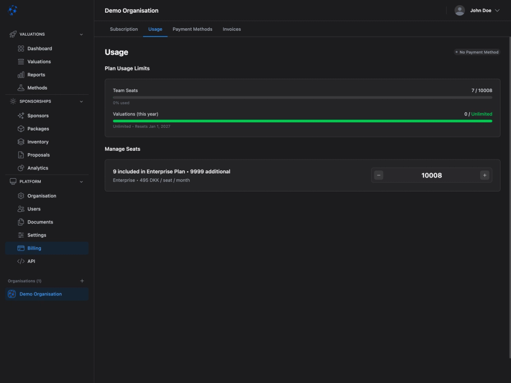 Billing interface displaying plan usage limits, team seats, and valuation metrics with seat management controls