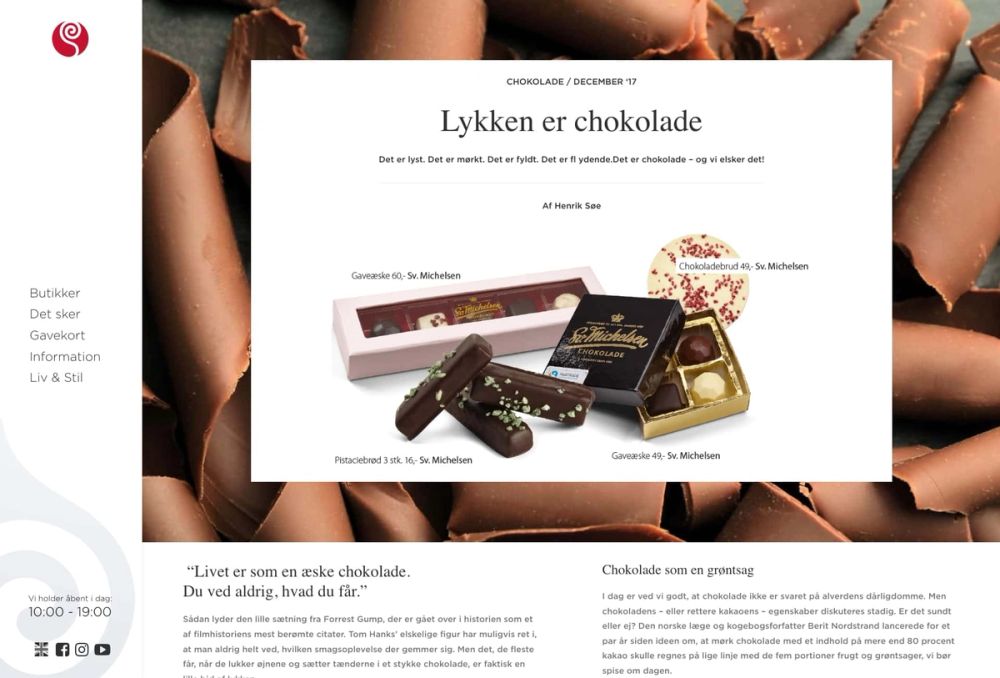 Article design for chocolate story featuring product photography, typography and integrated Instagram feed showcasing retailer offerings