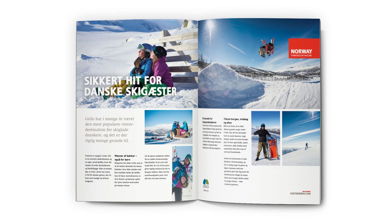 Brochure design med redaktionel layout for vinterkampagne med skiløbere i snølandskab