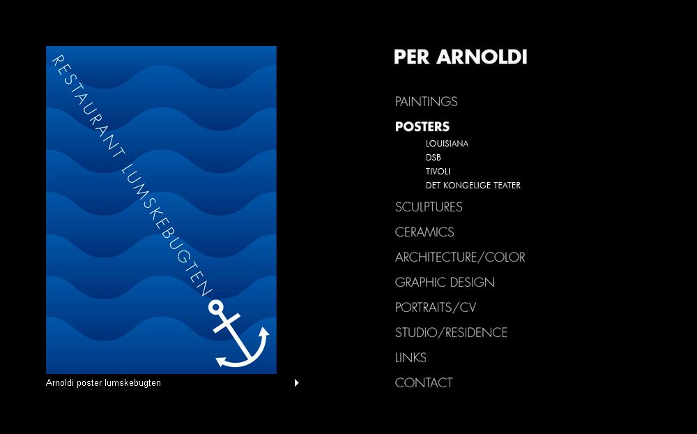 Navigation menu showcasing portfolio categories: Paintings, Posters, Sculptures, Ceramics, Architecture