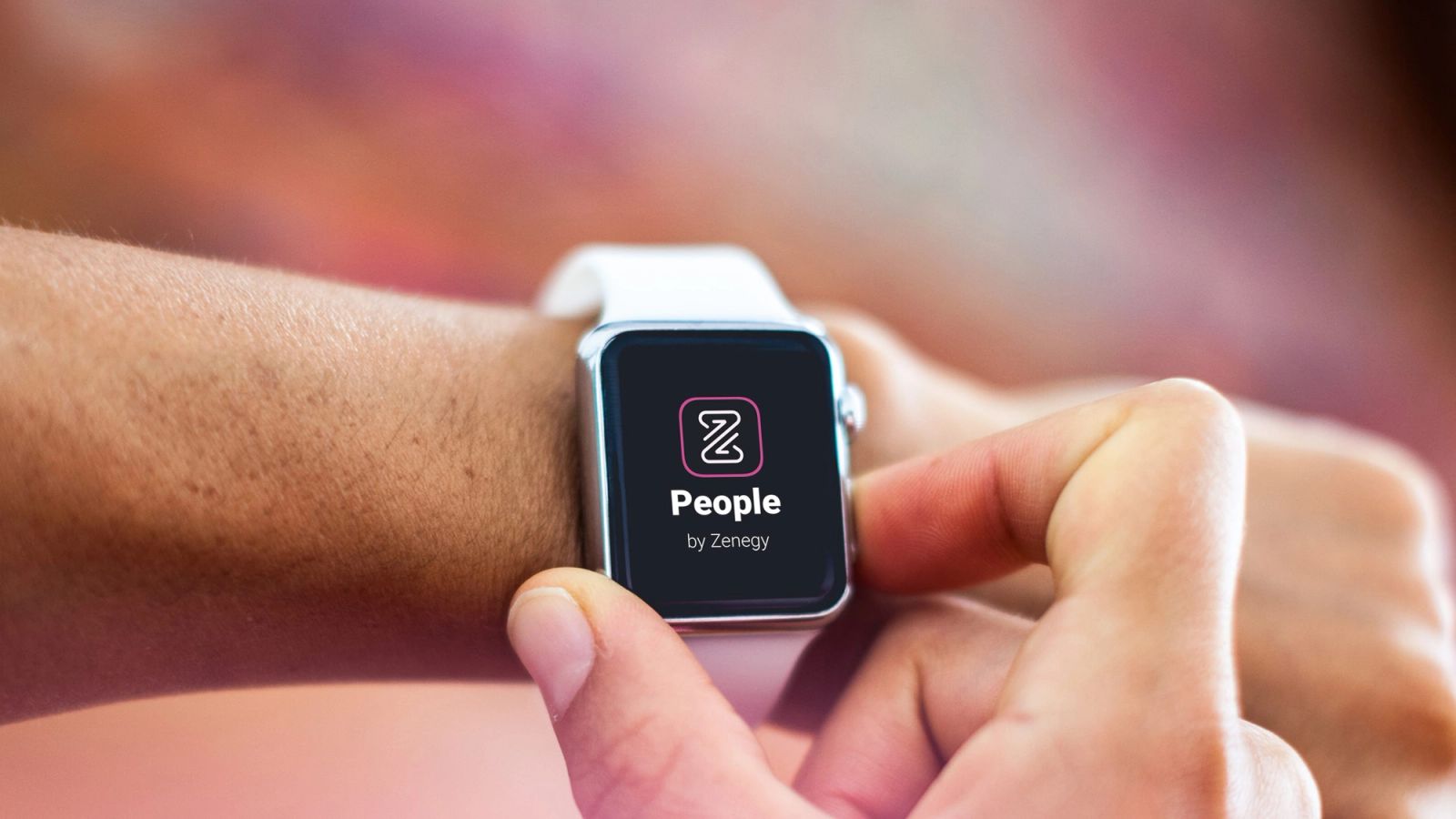 Interaction design of smartwatch notification card displaying Zenegy People app with custom typography
