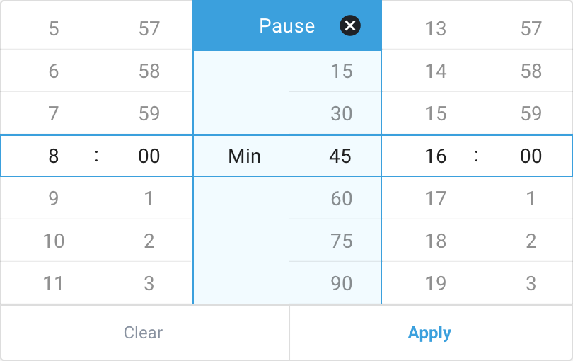 Interaction design: tidsinterval-vælger med pause-funktion og minutjustering i Zenegy Framework