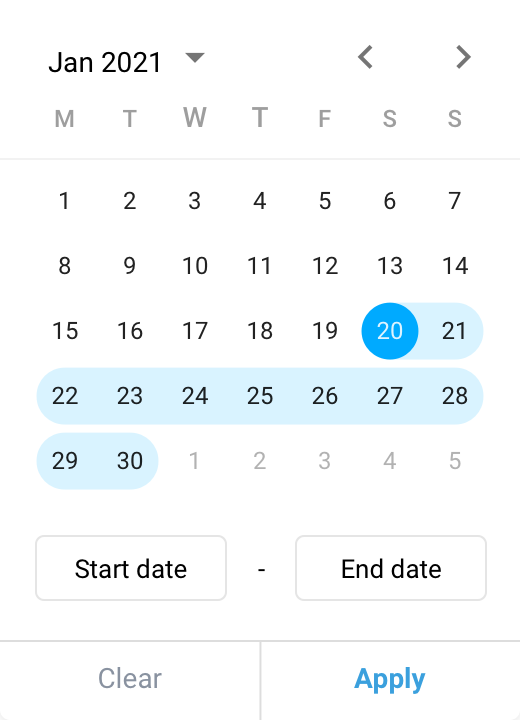 Interaction design of date range filter interface with calendar picker and start/end date selection