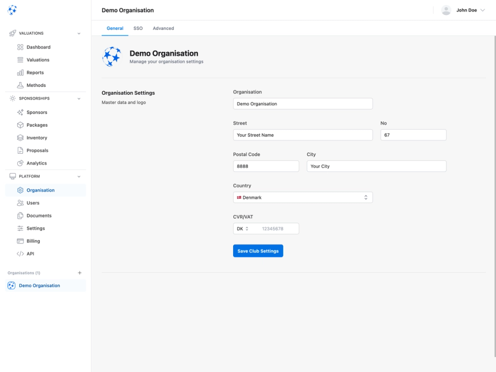Organization settings interface displaying company information fields, address details and tax registration input