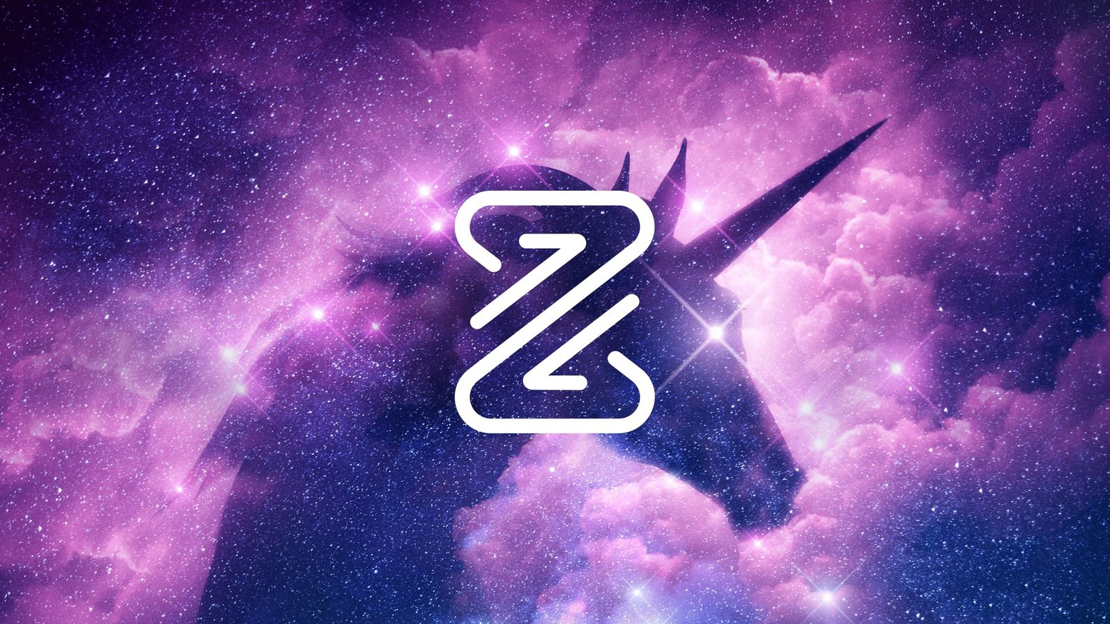 Presentation template featuring purple cosmic universe backdrop with geometric unicorn motif for corporate branding