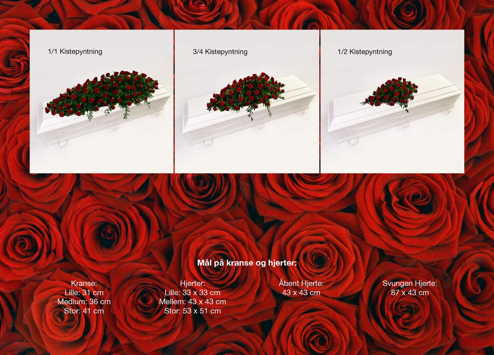 Funeral catalogue layout displaying three casket arrangement options with red roses