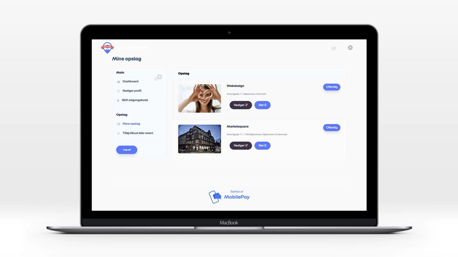 Dashboard interface til køb lokalt-kampagne med oversigt over webdesign og markedsplads tilbud