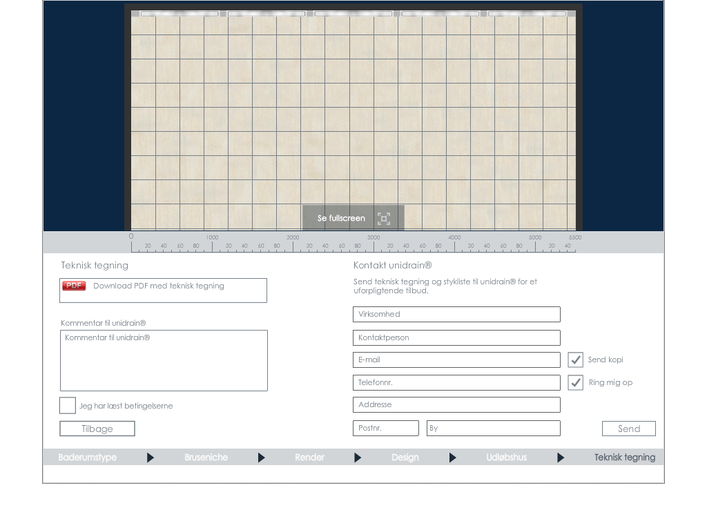 Service design for modular wet room configurator featuring technical drawings and contact interface