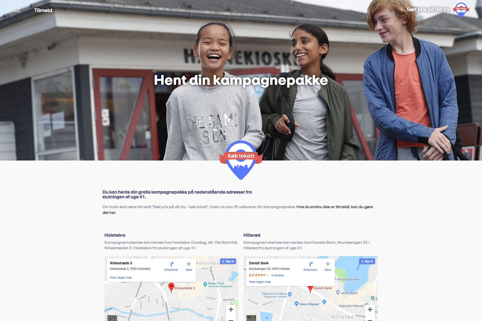 UX-design af kampagnepakke til Køb Lokalt med tre unge mennesker foran butik, illustrerer lokal handelsstrategi