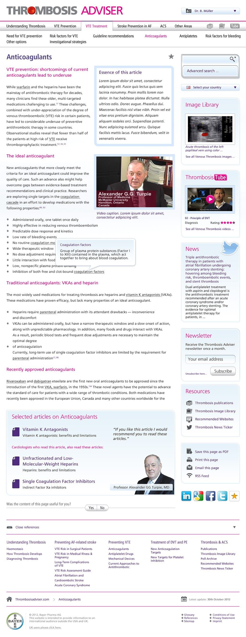 Web portal interface med antikoagulant-vejledning og videoindhold til læger