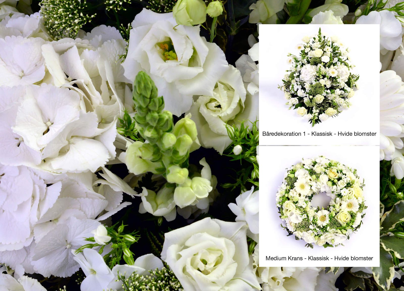 Layout design showcasing white floral wreaths, hearts and bier arrangements with refined typography and botanical styling