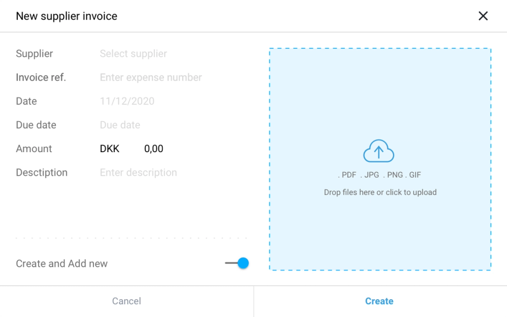 Form UI with file upload component supporting PDF, JPG, PNG, GIF formats