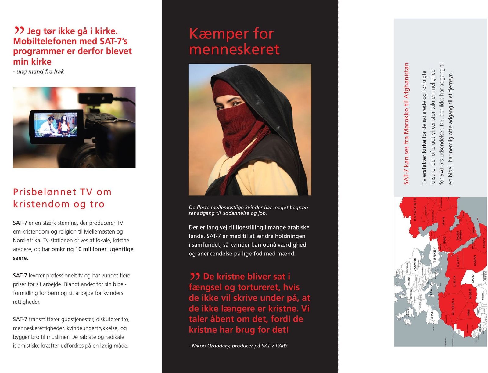 Charitable campaign brochure featuring portrait and messaging about Christian persecution and refugee aid