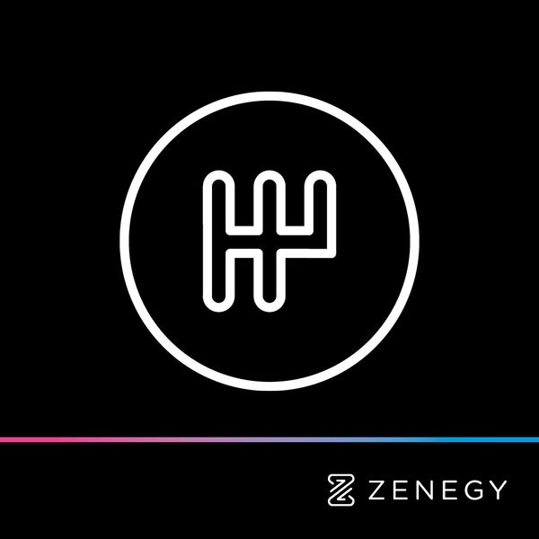 Stylized figure icon in white line art on black background for Zenegy branding