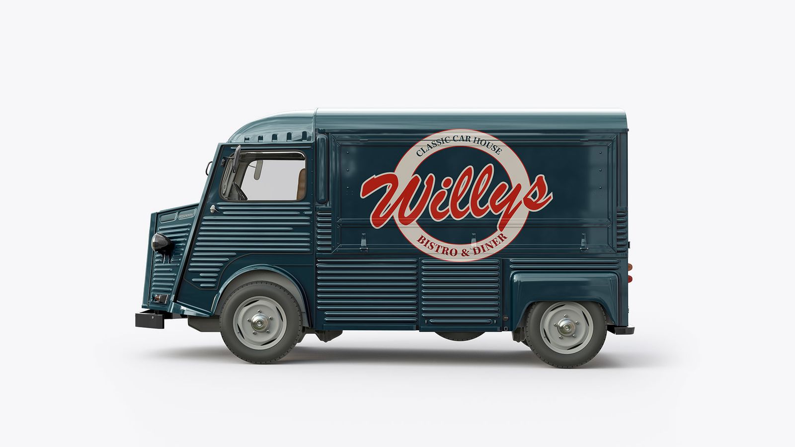 Brand identity på klassisk køretøj – Willys Bistro logotype og visuel design på vintage-stil madtruck
