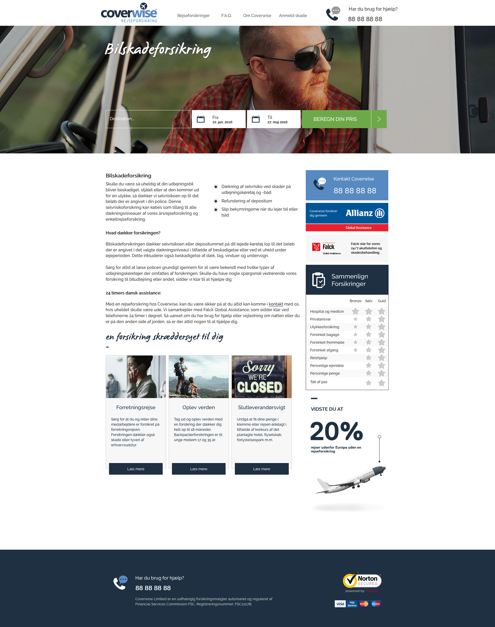 Responsive insurance website design featuring date picker and price calculator interface for travel coverage