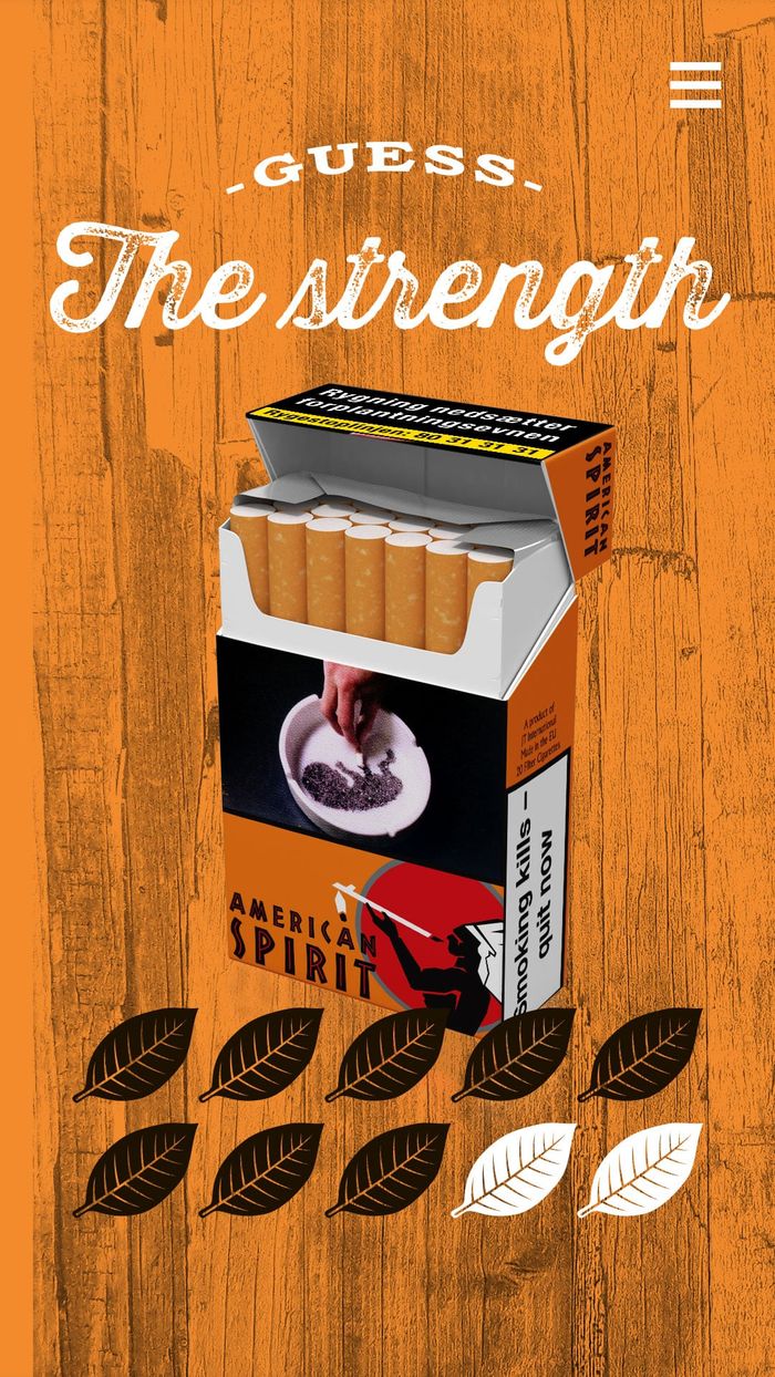Interaction design quiz screen featuring cigarette pack and strength-guessing game for retail staff