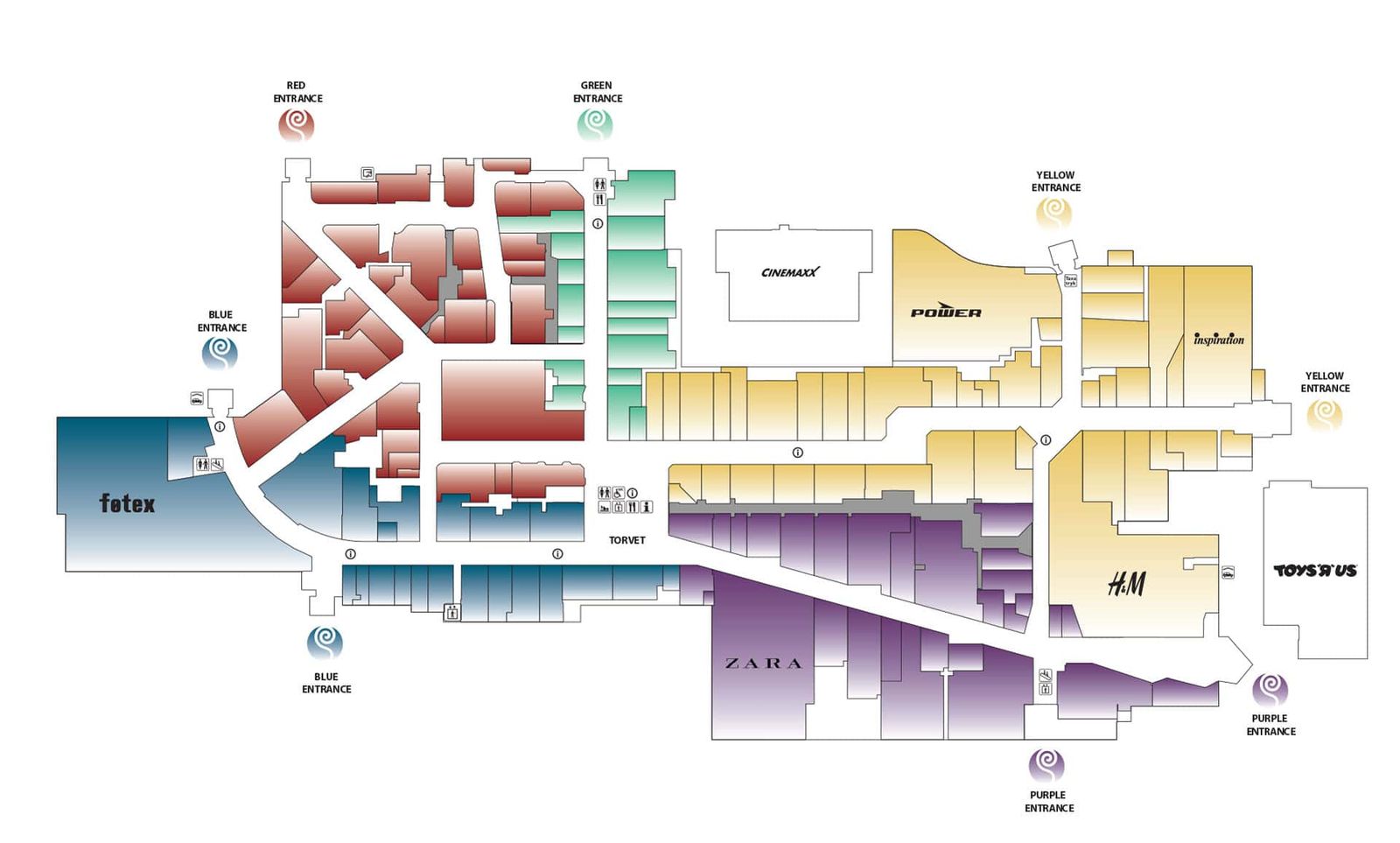 Digital directory interface displaying color-coded store locations and mall navigation