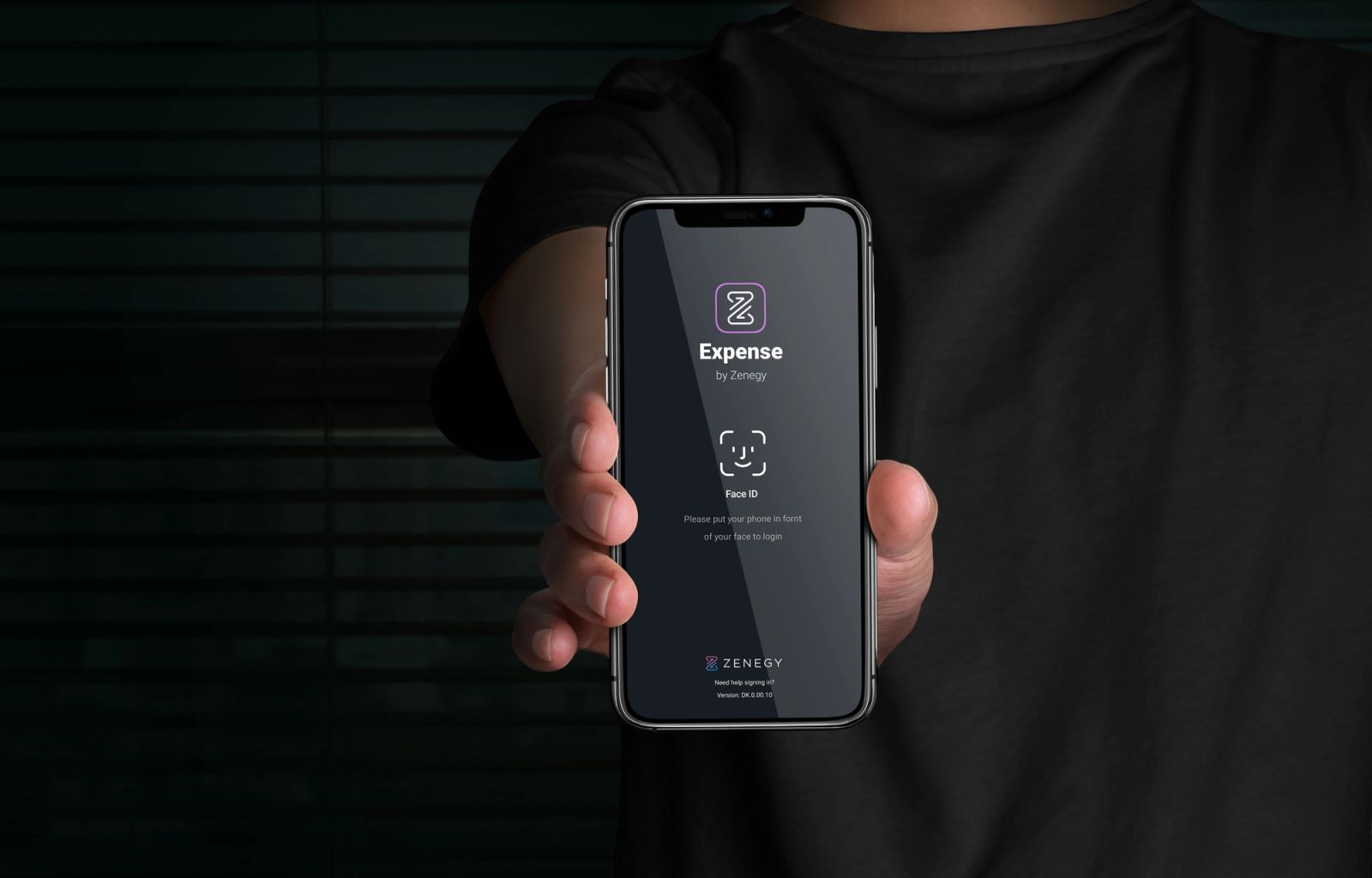App interface design displaying Zenegy Expense Face ID login screen with neon branding on iPhone