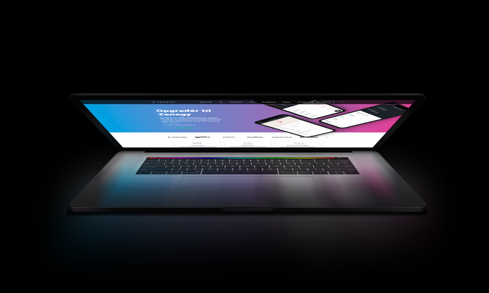 Web design mockup displaying Zenegy's responsive website with gradient interface and mobile app screens on laptop