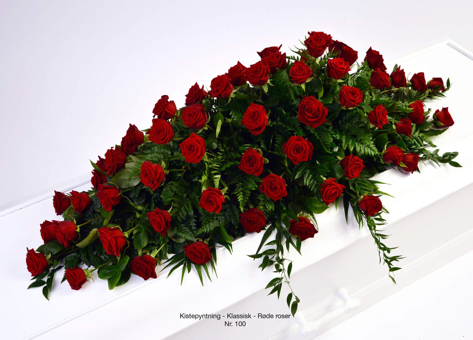 Product photography and graphic layout of red roses for funeral catalogue with dignified presentation