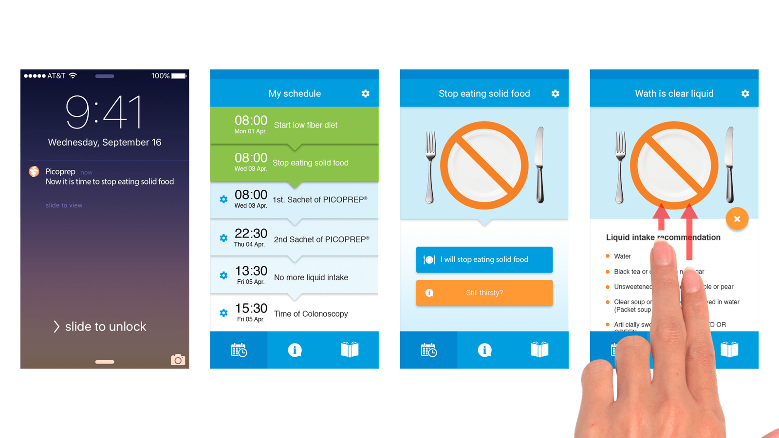 App-interface design til colonoscopy-forberedelse viser ernæringsguide med visuel instruktion om at undgå fast føde