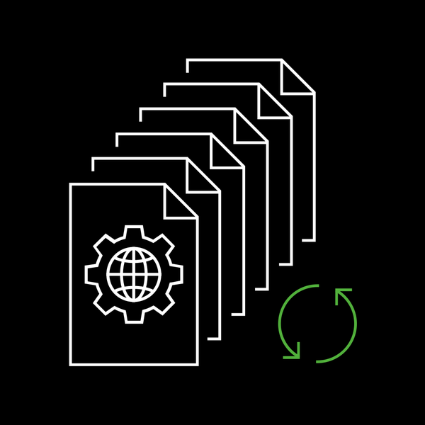 Motion design illustration showing stacked documents with globe-gear icon and refresh cycle for social posts