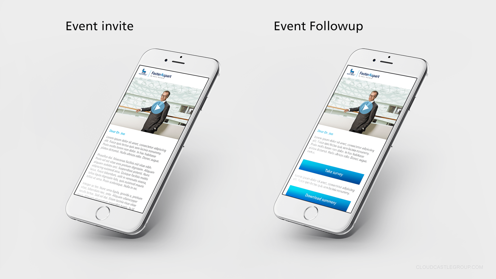 Event mobile page showing invitation and follow-up interaction design with survey and download features for insulin product launch