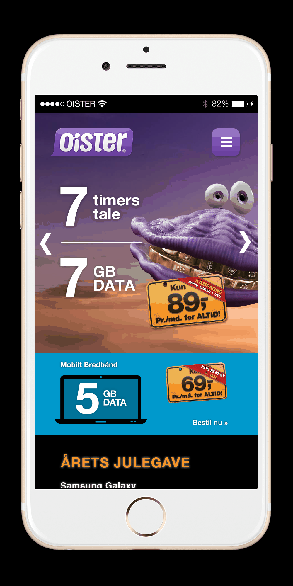 Mobile interface showcasing telecom offers with purple gradient, data plans and holiday promotion card