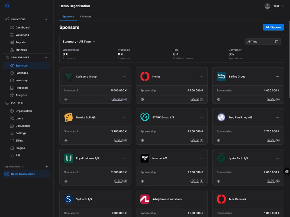 Interface design displaying sponsor cards with company logos and investment amounts in dark mode
