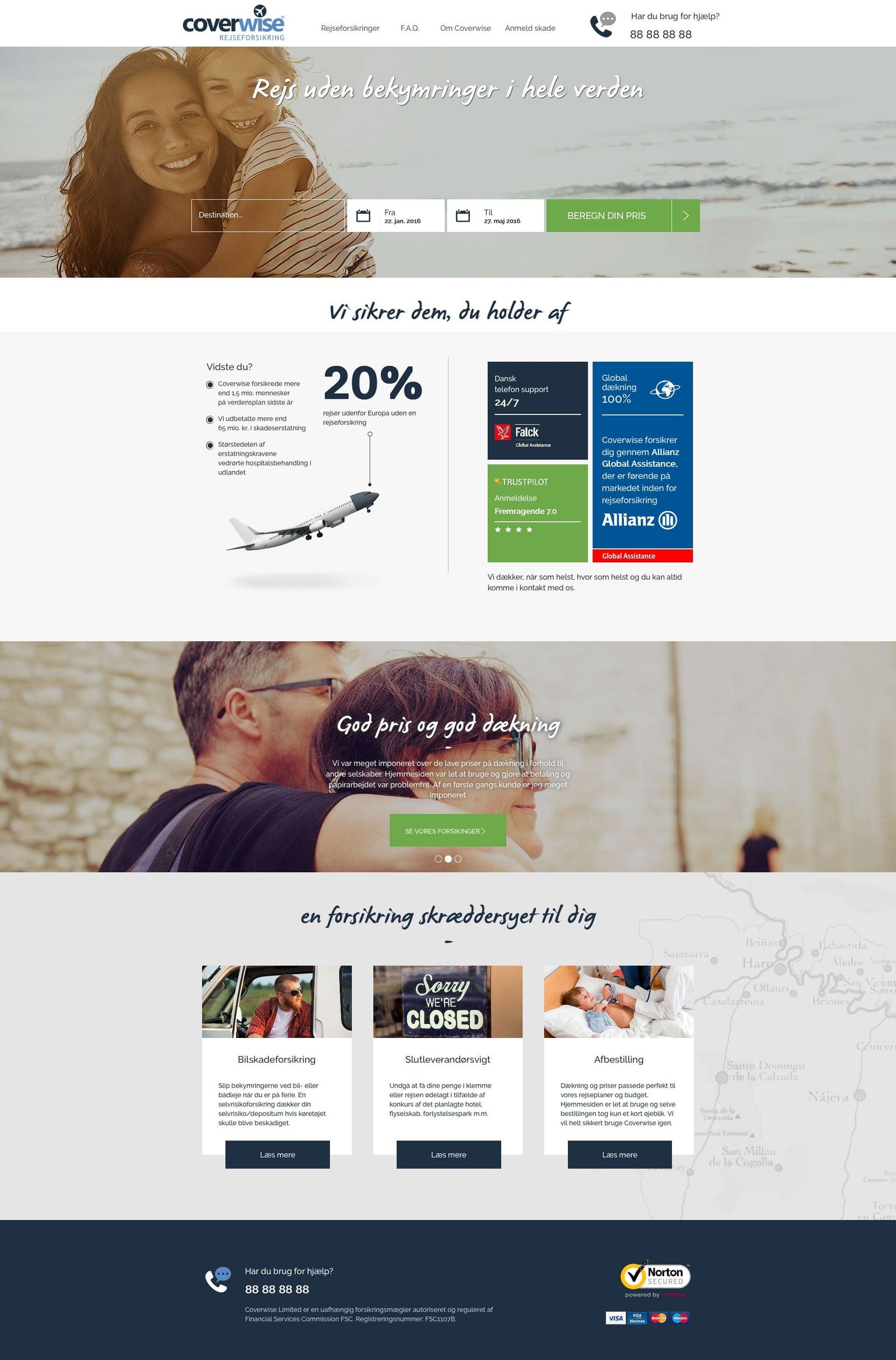 Travel insurance website interface with booking flow, search functionality and trust indicators on homepage