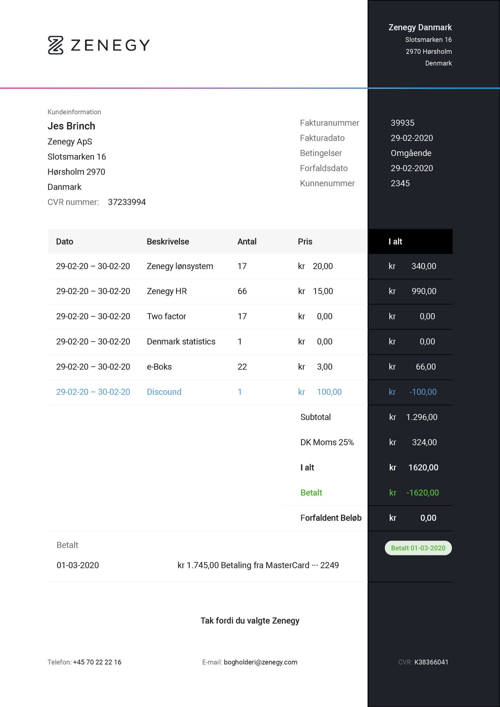 Invoice template featuring modern layout, color palette and typography for Zenegy FinTech platform