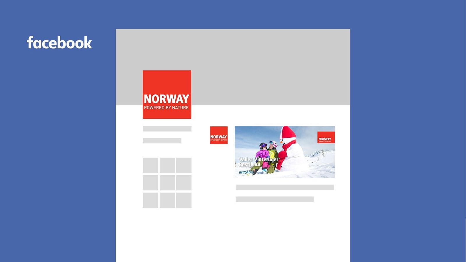 Social media design til Facebook-kampagne med Norge-tema, snøscener og vintermotiver