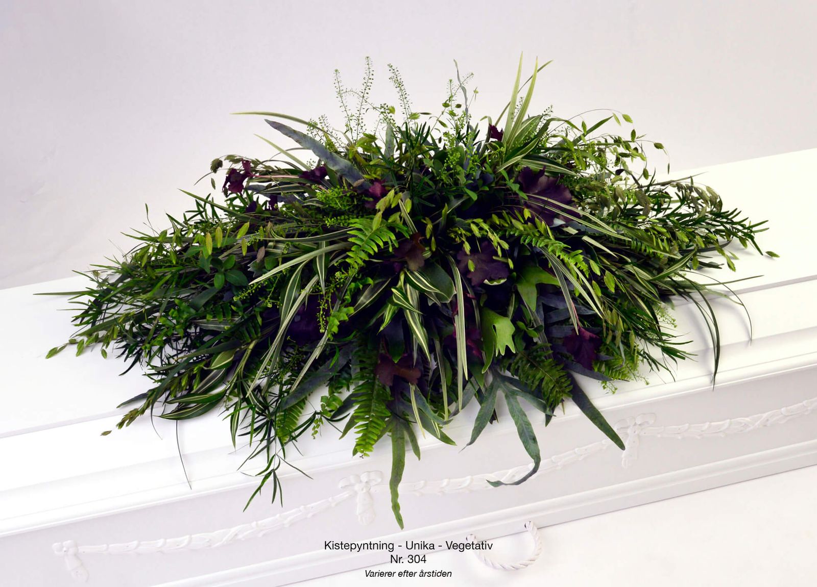 Product photography and editorial layout of floral arrangement catalog featuring purple flowers and foliage in elegant presentation
