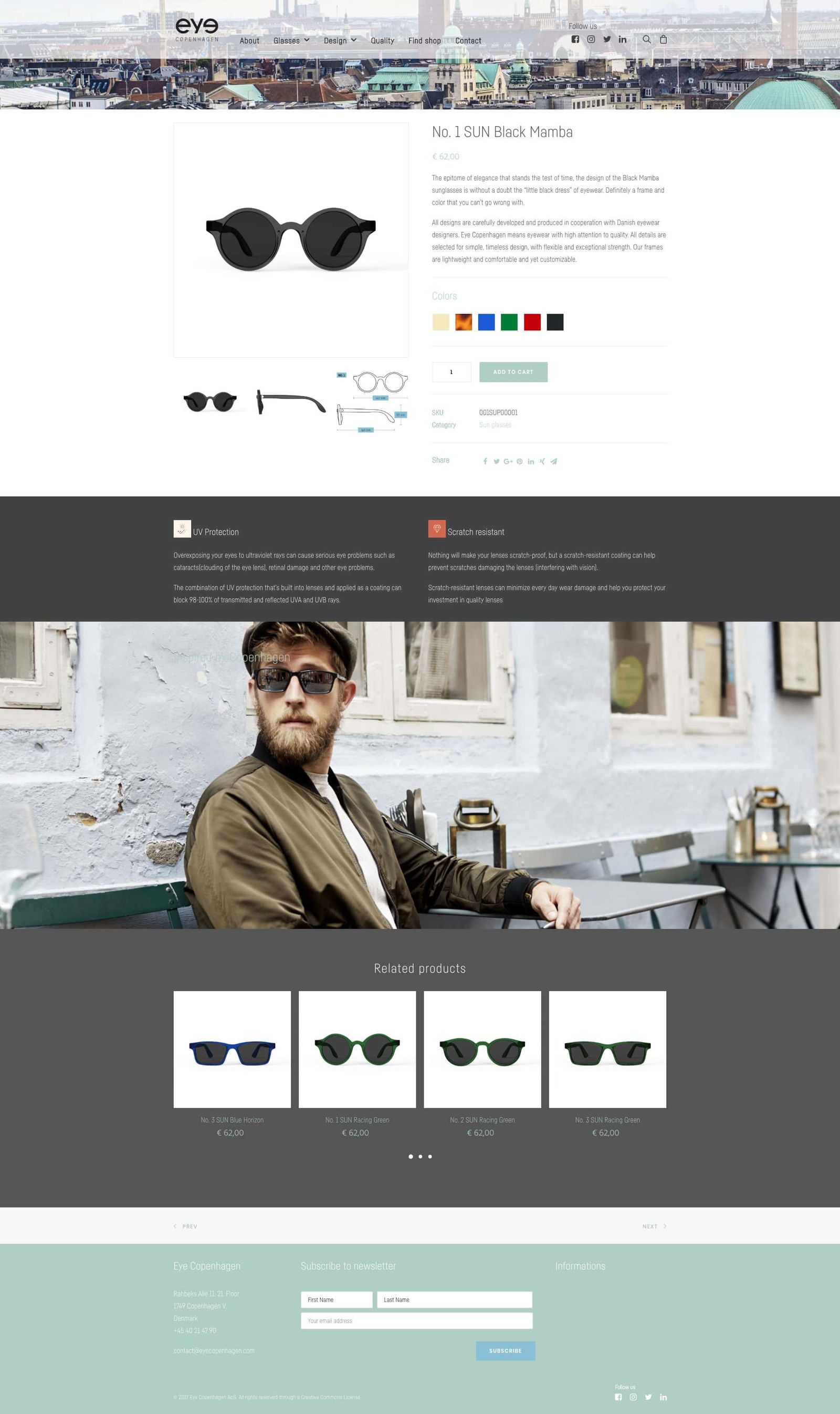 Interaction design for product page displaying sunglasses with color swatches and responsive WooCommerce interface