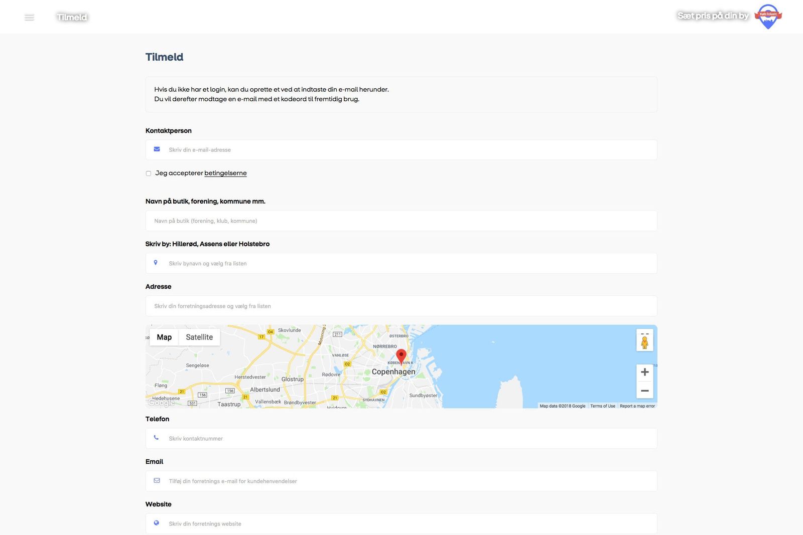Formulardesign til tilmelding på køb lokalt-portal med e-mail-bekræftelse og lokaliseringsoplysninger