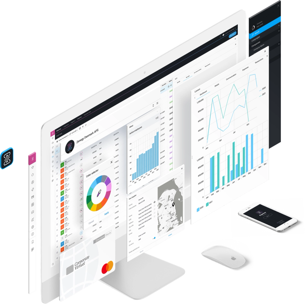 Dashboard interface og finansielle analyser viser FinTech-løsninger med interaktive grafer, diagrammer og data visualisering på desktop og mobil